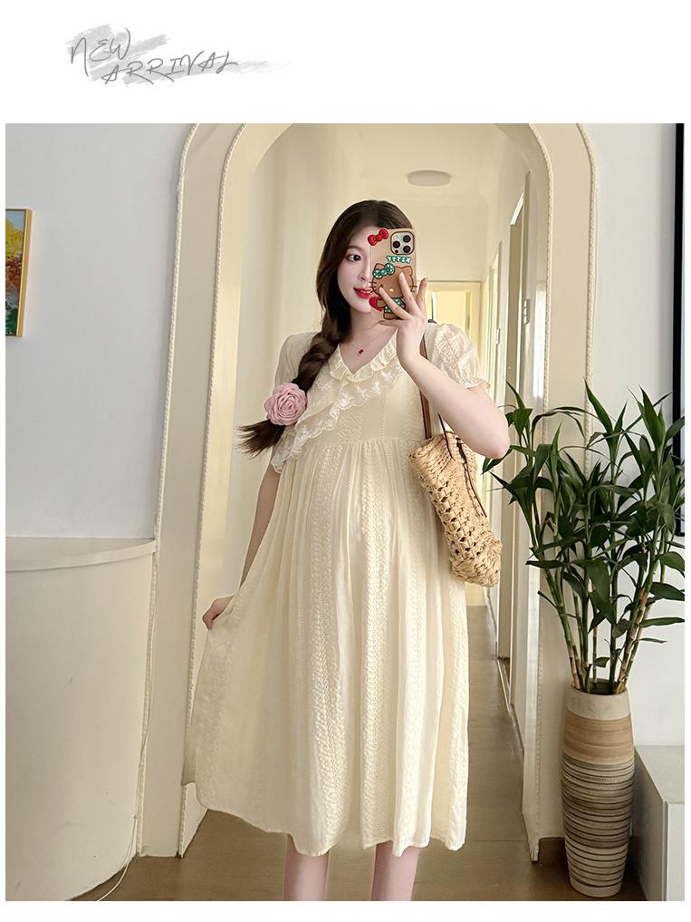 Dulce Vestido de Verano de Maternidad con Encaje Jacquard de Cuello en V y Bordado