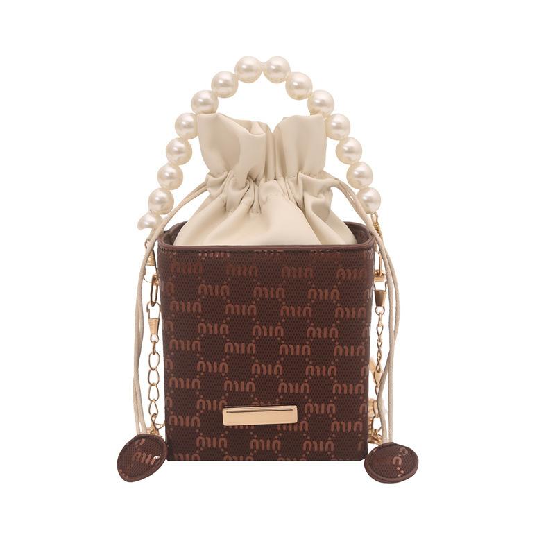 Premium Sense Small Bag Women's 2025 New Pumping Belt Bucket Bag Women's Leisure Chain Bag Beaded Shoulder Messenger Bag