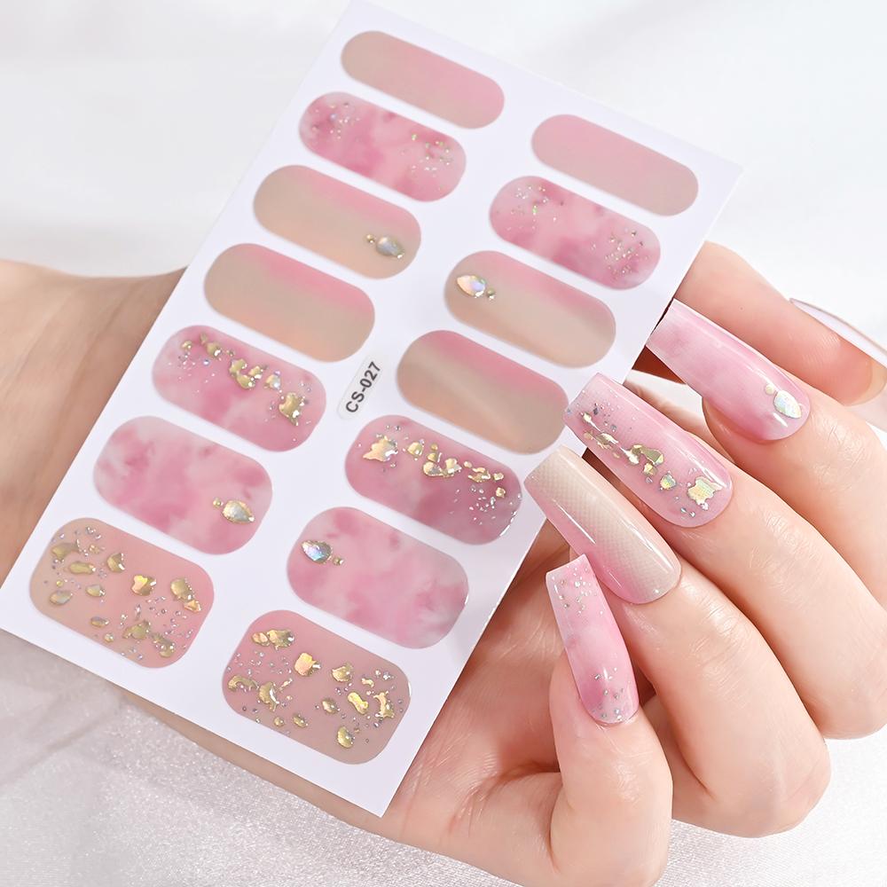 14 Tips/sheet Women Girls Full Cover Self-adhesive Nail Polish Stickers Baking Free Marble, Shell Pattern Nail Wrap Decals Decor