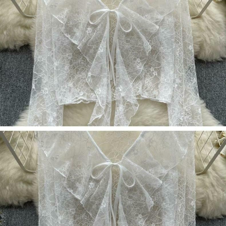 Cardigan estivo in chiffon da donna - Pizzo con balze, Chiusura con laccio sul davanti, Maniche a campana, Sciarpa parasole.