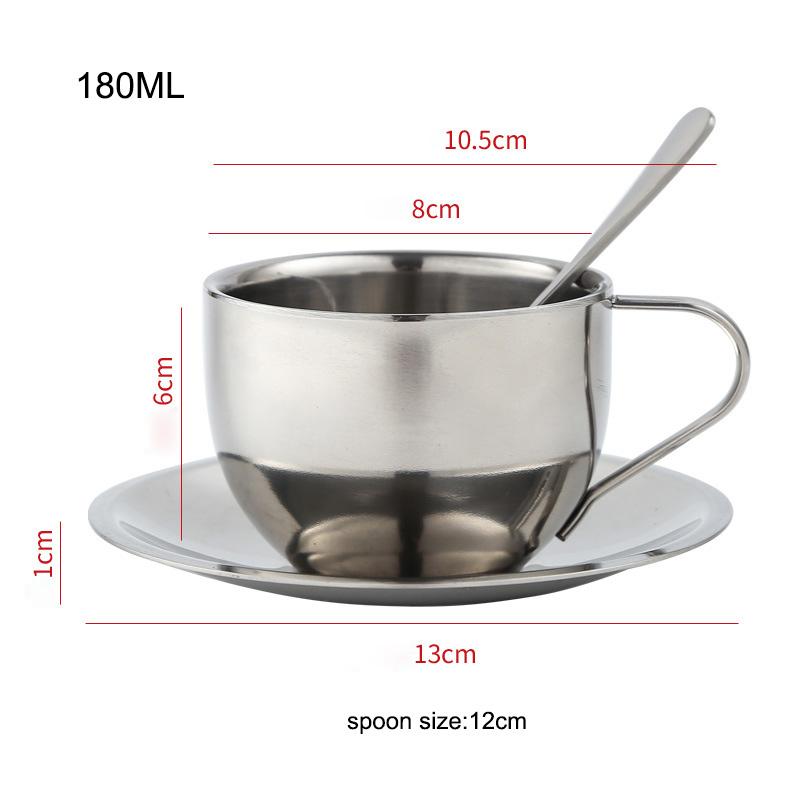 180/200/280ml Coffee Mug Double Layer Hot Resistant Coffee Cup Set Stainless Steel Tea Cup With Plate and Spoon
