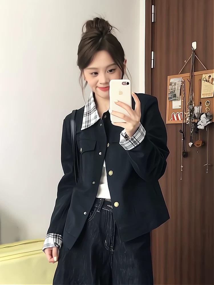 Trendy Petite Plaid Lapel Jacket for Women - Spring/Autumn 2025