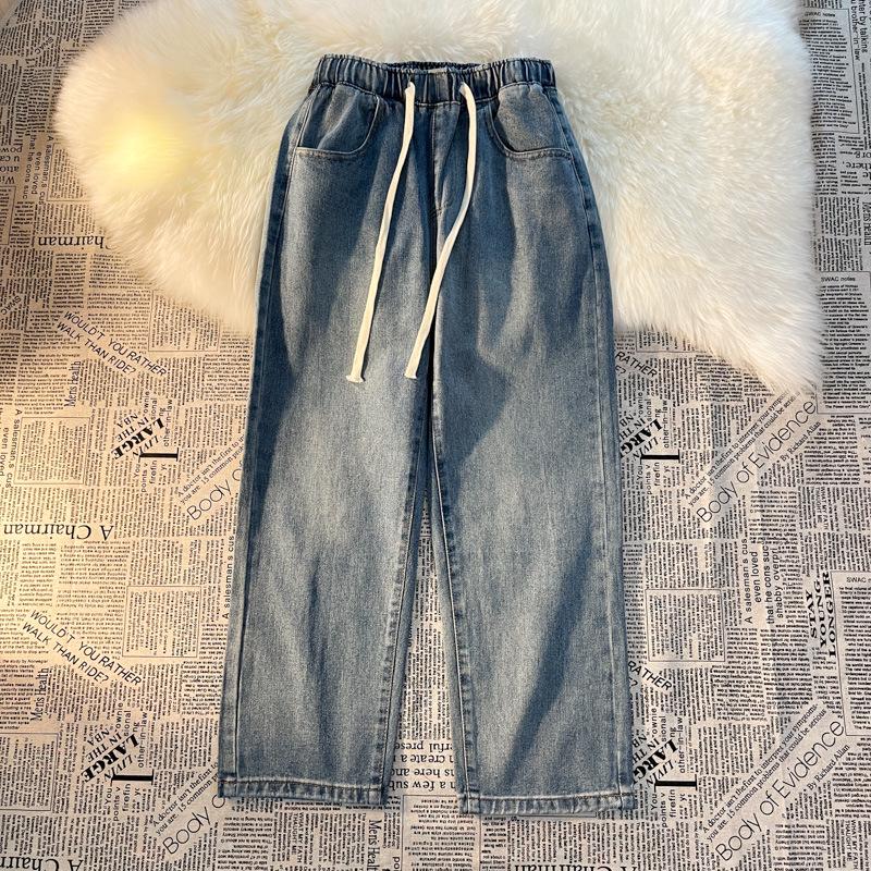 Women's Light Blue Elastic Waist Denim Jeans: Spring/Summer Loose, Slim, Straight, Wide-Leg, Petite, Casual, Comfortable.