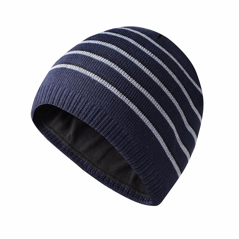 Knitted Hat Men's Winter Fleece Black Striped Wool Hat Women's Outdoor Cycling Pullover Headcap