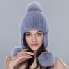 Winter Nerzfellmütze für Damen Echte Fellstreifen Gestrickte Beanie mit Fuchsfell-Bommel Ohrenklappenmützen Mit Ohrenschützern