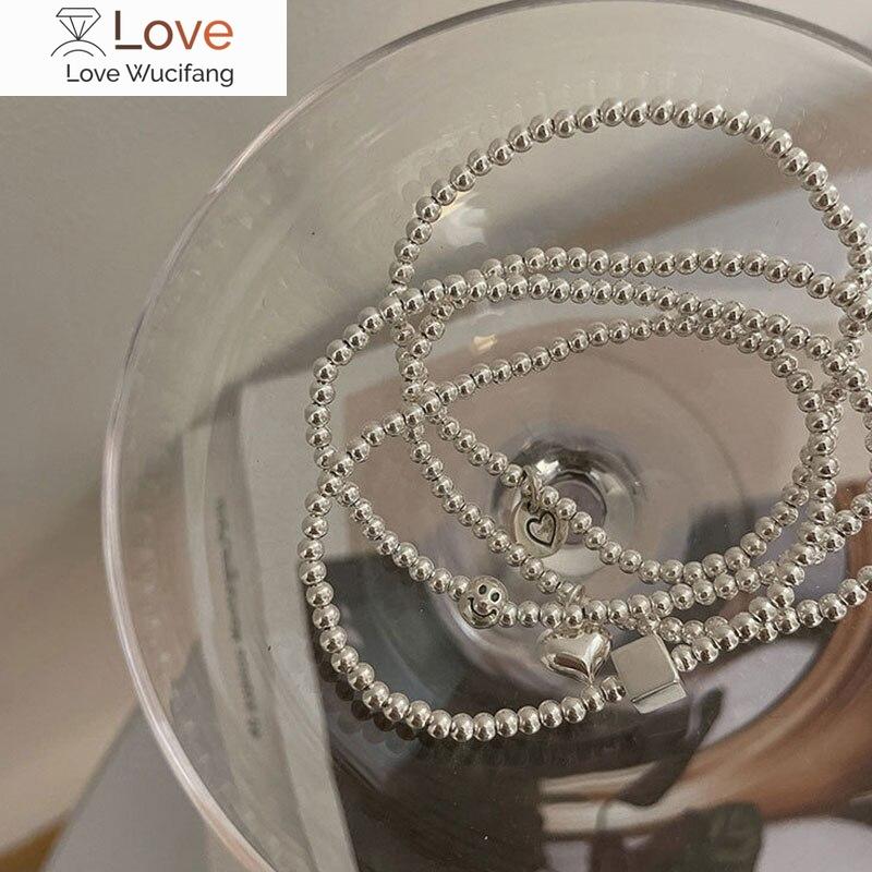925 Sterling Silver Beaded Square Heart Bracelet For Women Simple Personality Cool Bracelet Korean Selling Jewelry