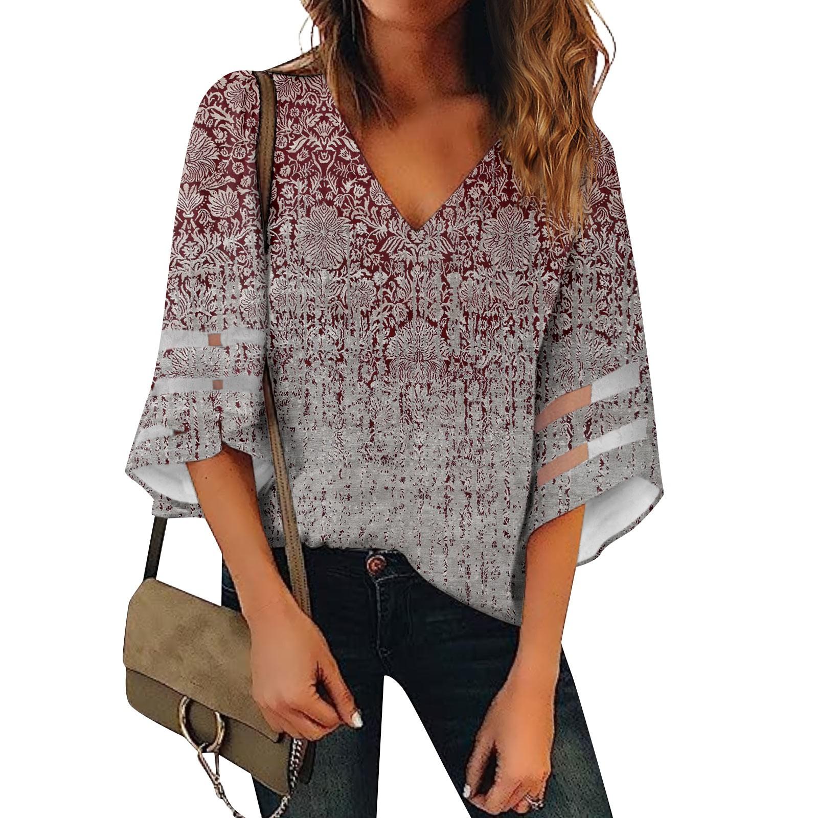 

Женская рубашка, блузка, повседневные свободные рубашки, кружевные рубашки с рукавами 3/4, топы с v-образным вырезом и принтом, топы с принтом, футболки, футболки L винный