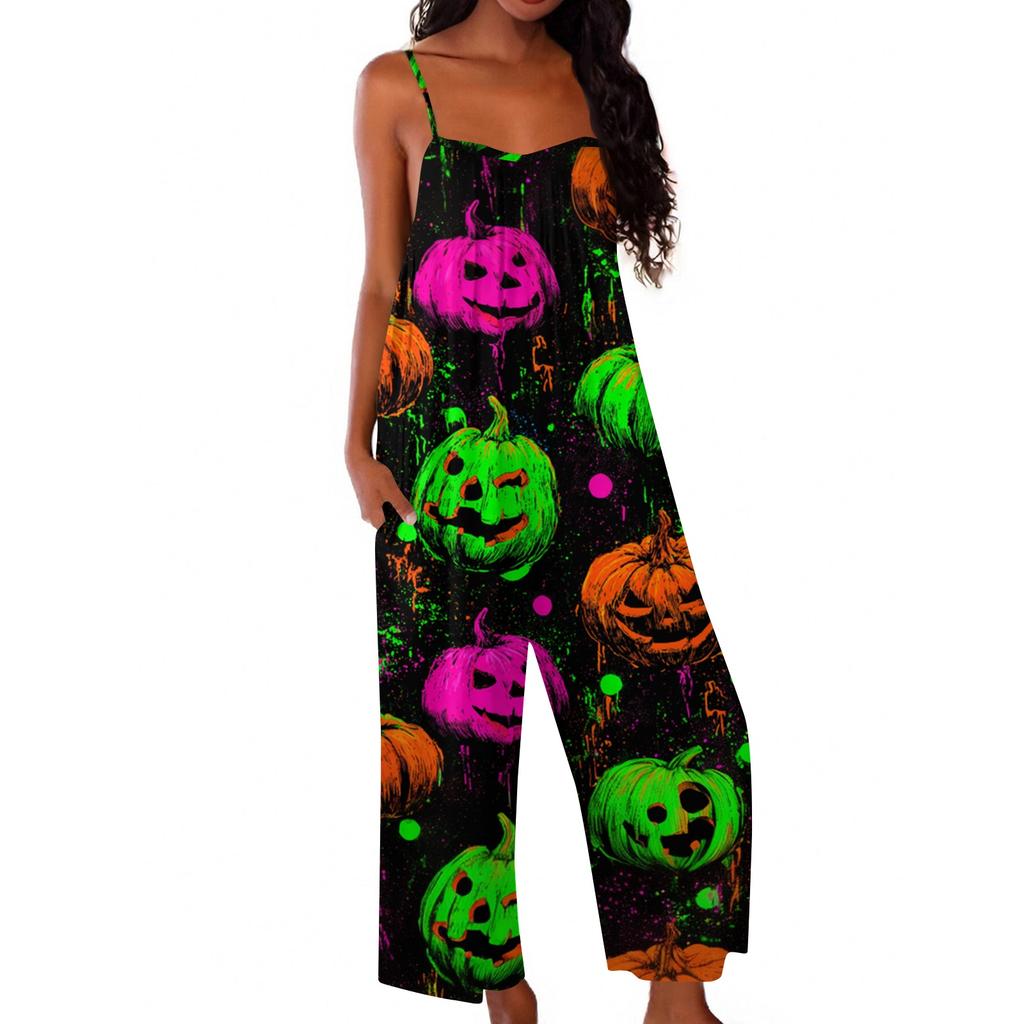 Women's Halloween Print Jumpsuit Casual Loose Fit Sleeveless Spaghetti Strap Wide Leg One Piece Romper for Seasonal Wear