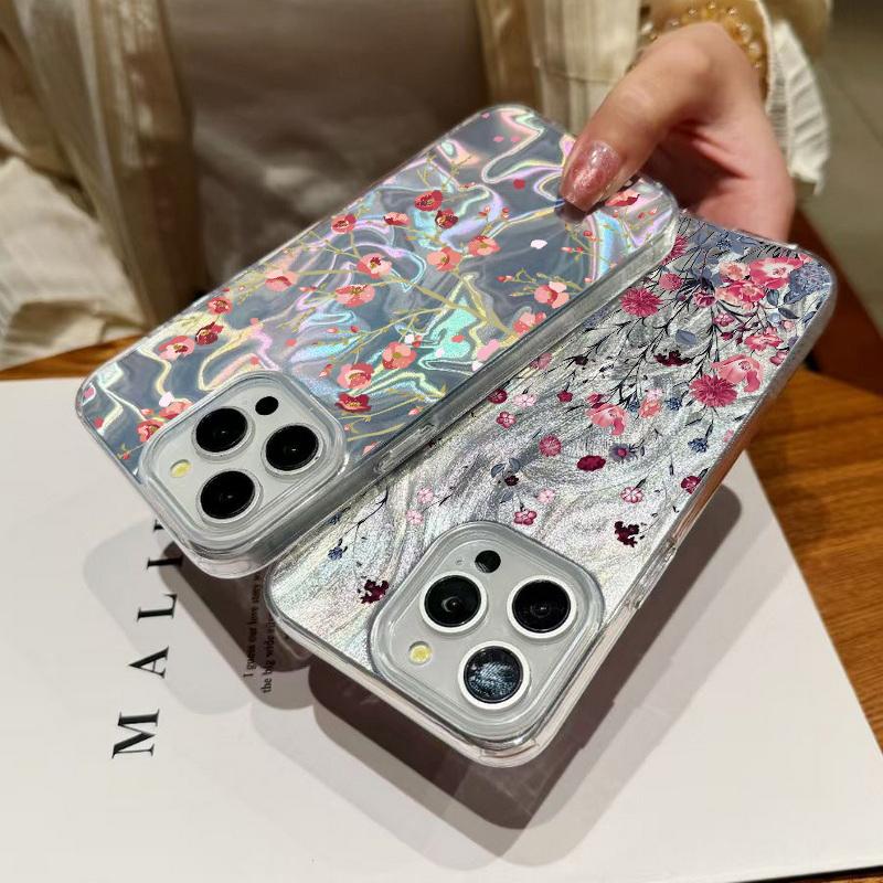 Floral Print Slim Glitter Phone Case For iPhone 16 Pro Max 15 14 Pro 13 12 11 Feather Sparkling Shockproof Clear Soft Edge Hard PC Back Cover