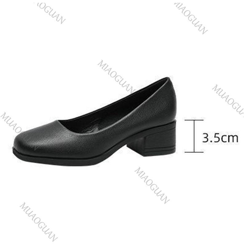 Fashion Black Comfortable Soft Leather Middle Heel Work Shoes Women Soft Bottom Square Toe Pumps Single Shoes Casual Heels for Women