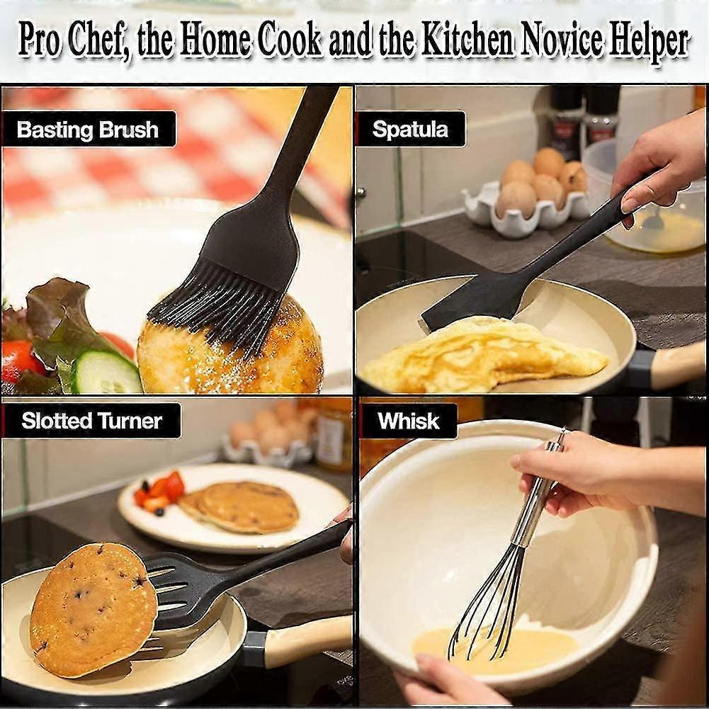 5 Piece Black Kitchen Utensils Set, Cooking Utensils Set Spatula, Whisk, Silicone Dough Scraper, Oil Brush, Non-stick And Heat Resistant Cooking Utens