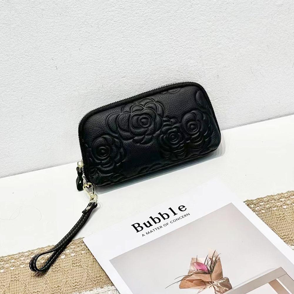 Сумка для хранения из натуральной кожи, сумка на молнии, сумка для карточек, сумка для мобильного телефона из коровьей кожи с тиснением в виде ретро-розы, сумка для мелочи. чёрный