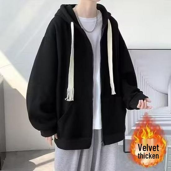 Pánská podzimní/zimní mikinová bunda s kapucí: Volný, Trendy, Univerzální jednobarevný kardigan.