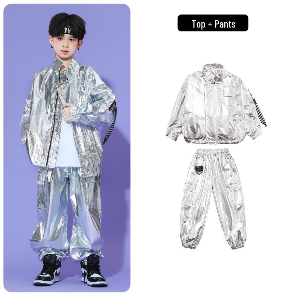 Children's Shiny Silver Leather Hip Hop Set for Stage Shows and Street Dance Performances.