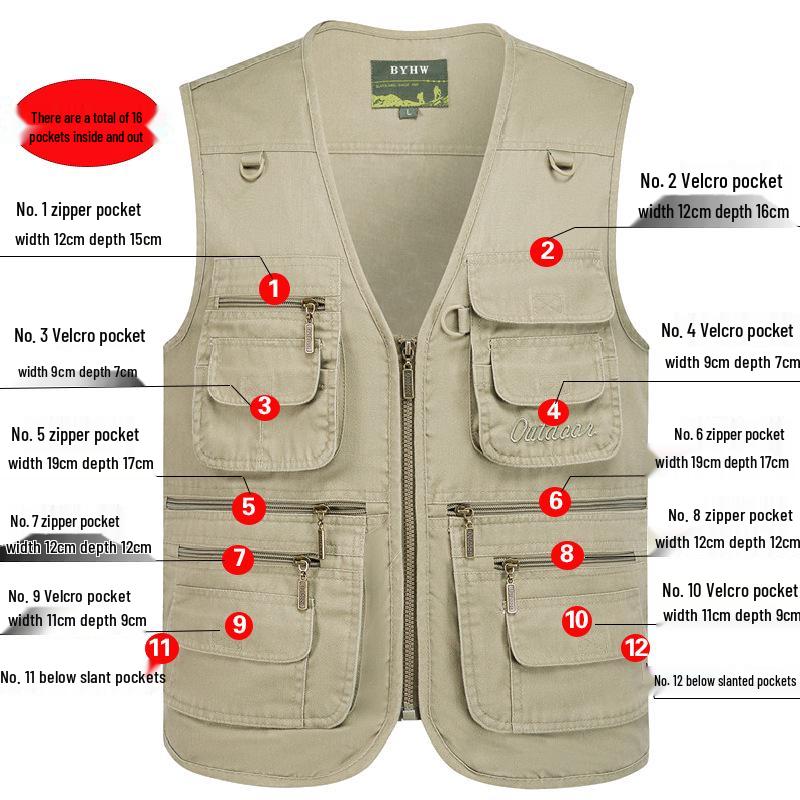 Men's Army Green Multi-Pocket Cotton Tank Top, Plus Size 10XL, Spring/Autumn Wear