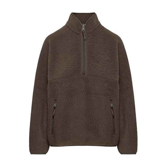 Damen Half-Zip Pullover Fleecejacke Langarm Stehkragen Sherpa Sweatshirt mit Taschen Herbst Flauschige Warme Oberbekleidung