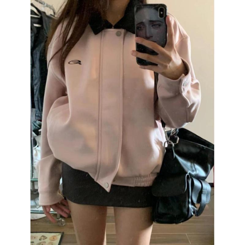 Hong Kong Style Pink Lapel Workwear Jacket for Women - Retro Spring/Autumn Design