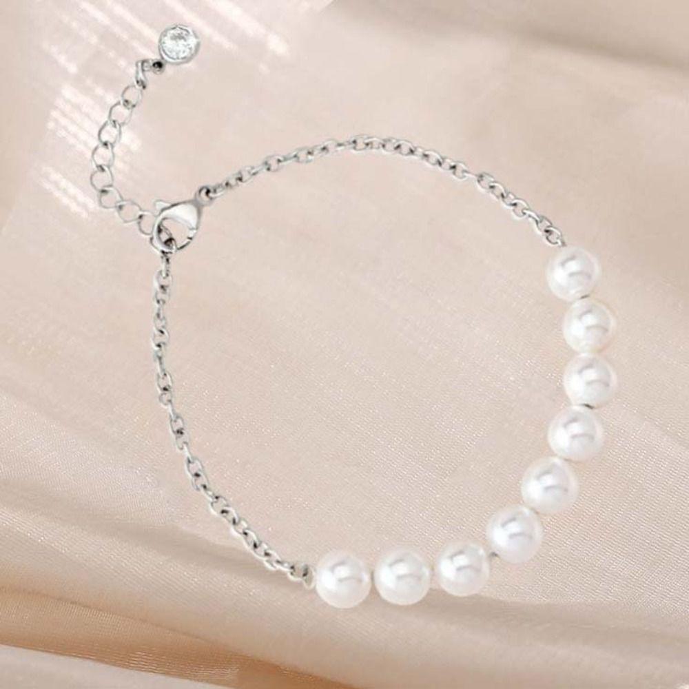 Elegant Charm Pearl Bracelets Steel Chain Beads Bracelets Dainty Simple Thin Pulseras  Jewelry Gift