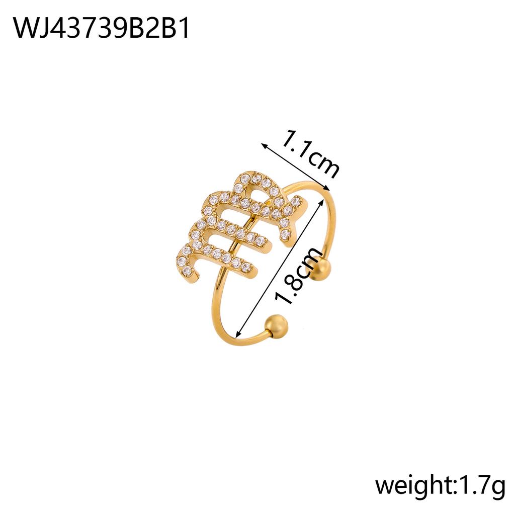 CARLIDANA Vintage Letter Heart Adjustable Gold Plated Stainless Steel 12 Zodiac Sign Zircon Letter Open Ring Jewelry Women