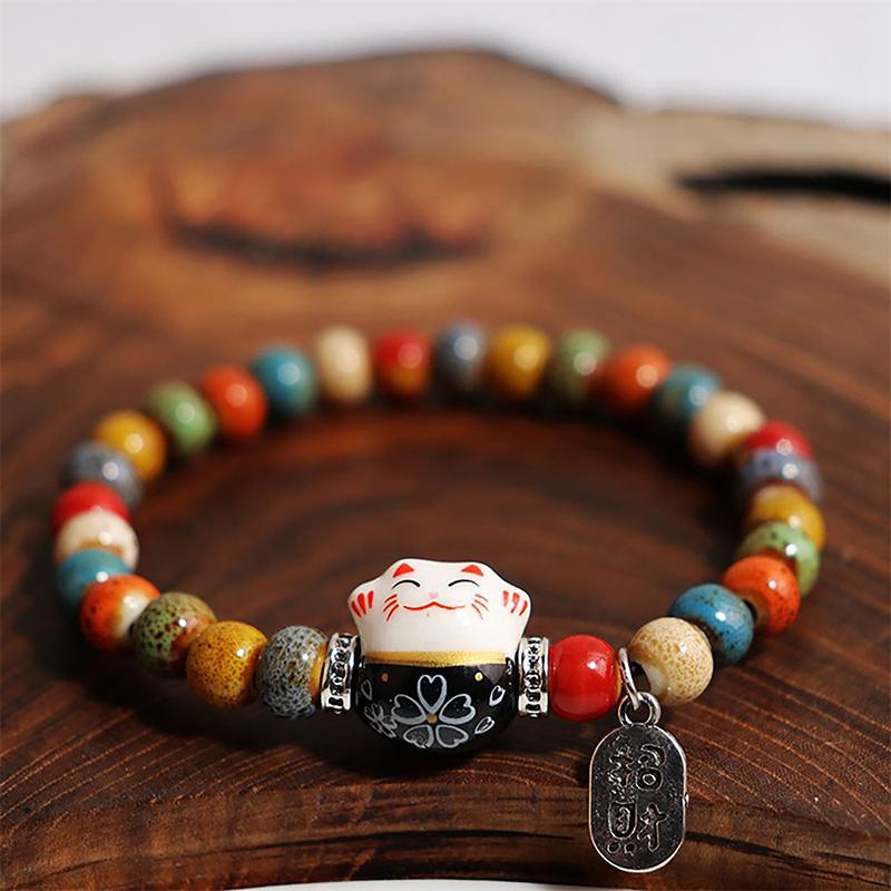 Süßes Glückskatzen-Armband für Frauen und Mädchen, verstellbar, bunte Perlenarmbänder, chinesischer Stil, Keramik, Katzenanhänger, Armband, Schmuck
