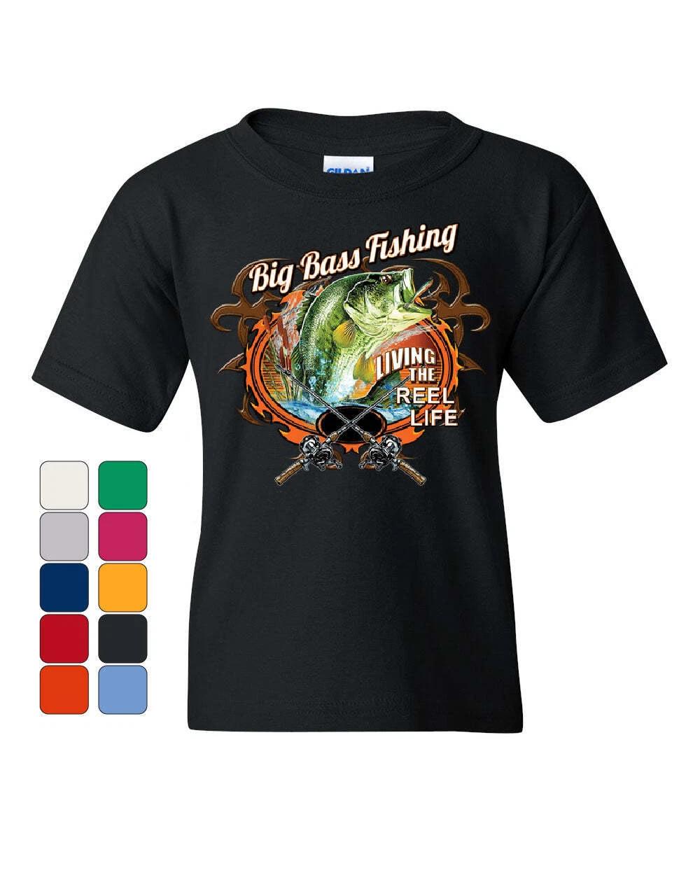 

Big Bass Fishing Youth kids boys T-Shirt Living the Reel Life Fisherman Spinning Kids Tee 130