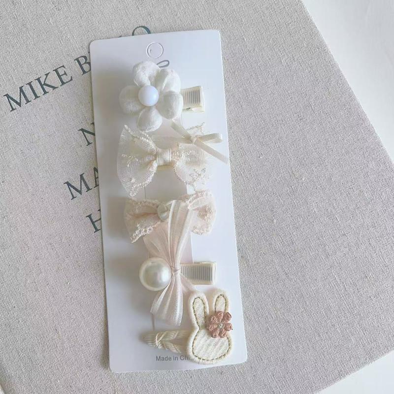 Cute Beige Hair Clips Set With Lace Bow Rabbit Flower Designs Perfect For Little Girls Daily Wear Birthday Party School