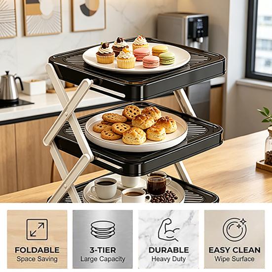 Plate Storage Rack Three-Tier Foldable Kitchen Organizer with Open Access Design Space-Saving Collapsible Food Display Rack for Parties And Buffets
