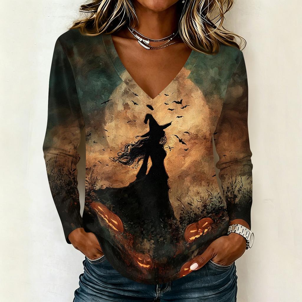 Women's Halloween Printed V Neck Long Sleeve Pullover Top Casual Lightweight Stretchy Shirt for Fall Seasonal Wear
