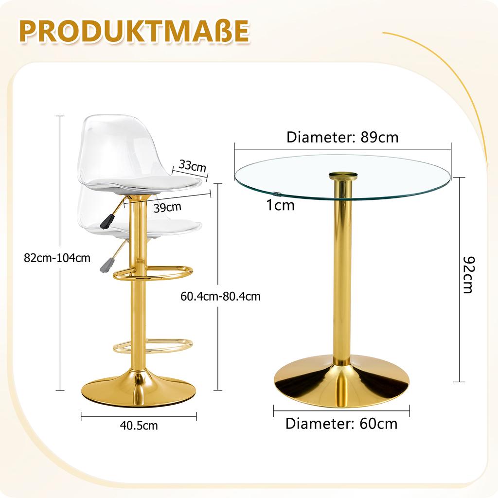 Flexible Bar Set: 89 cm Glass Table + 2 Stools with Gold-Colored Legs, Height-Adjustable & Rotatable.