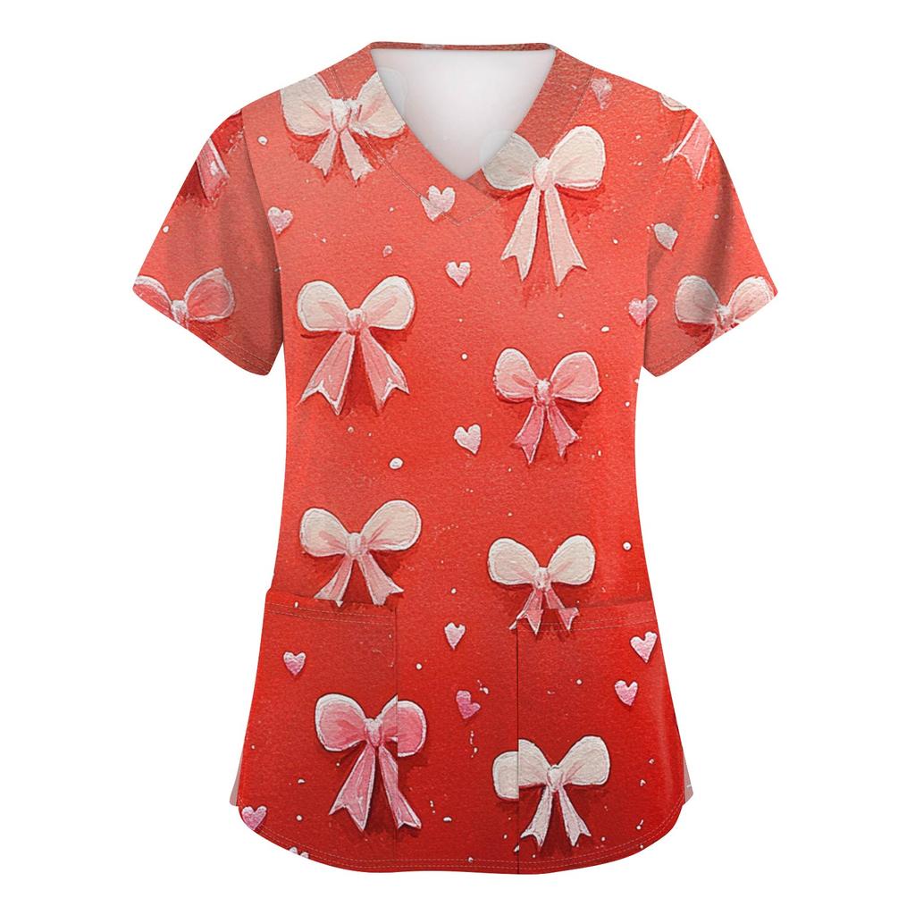 Women's Fashion V-Neck Short-Sleeved Workwear With Pockets Valentine's Day Printed Top Caregiver Uniform