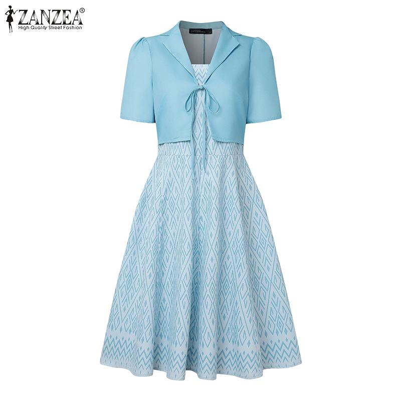 ZANZEA Women Casual Patchwork Summer Short Sleeve Print Dress