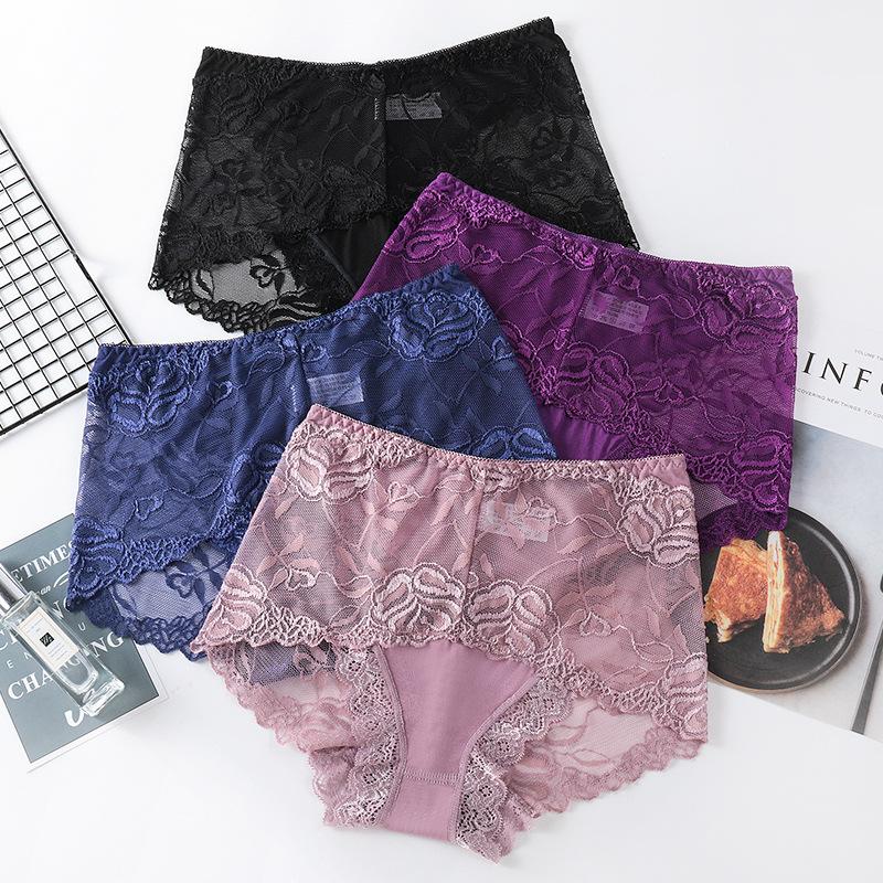 8 Color Plus Size Women Panties Sexy Lace Transparent Underwear Panty Seamless Mid-Waist Hip Raise Briefs Cotton Health Lingerie