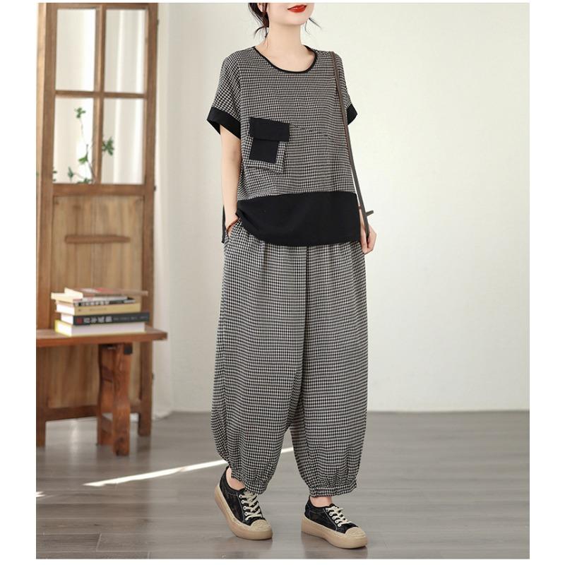 DIMANAF 2026 Plus Size Pants Suits Women Sets Suits Summer Vintage Loose Tops Shirts Long Pants Cotton Linen Casual Black