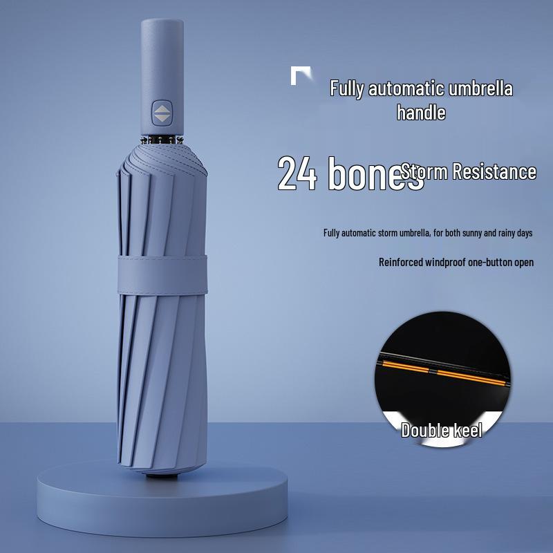 Vollautomatischer dreifach faltbarer UV-Schutz-Schirm mit schwarzem Kleber und Logo für Regen oder Sonne