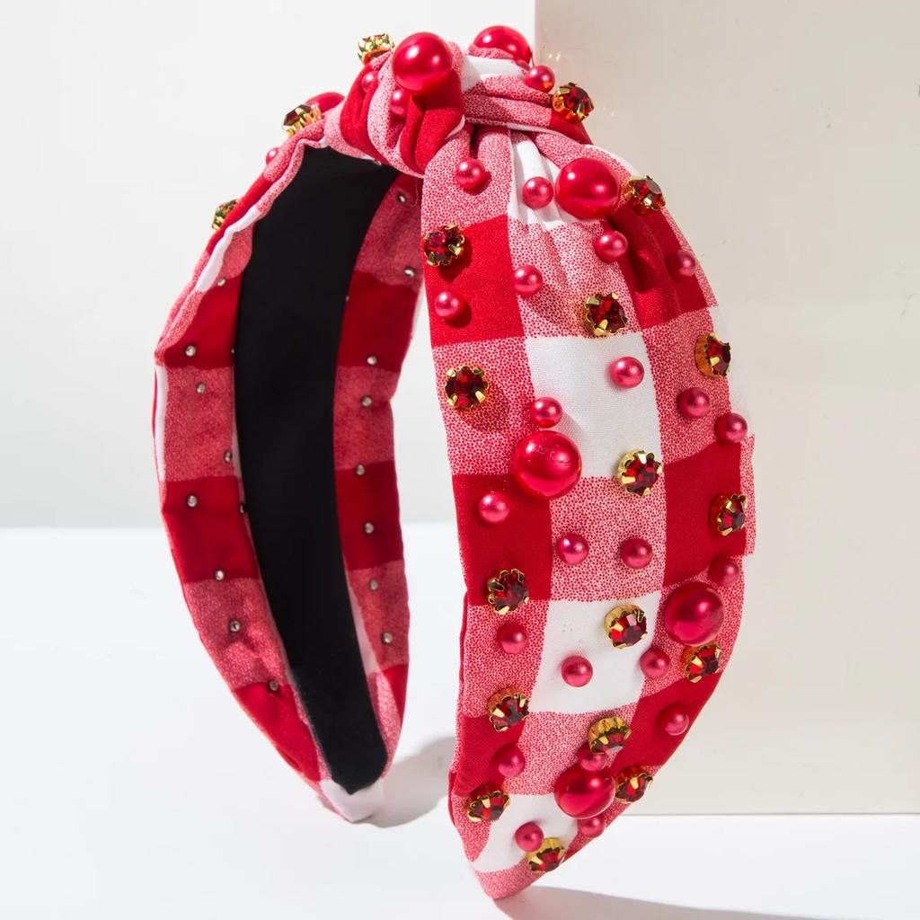 Hot-selling Fashion Checkerboard Fabric Knotted Beads Drill Headband Versatile Hair Accessories Women