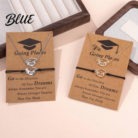 Graduation Cap Pendant Necklace 2025 Jewelry Set Stainless Steel Bracelet