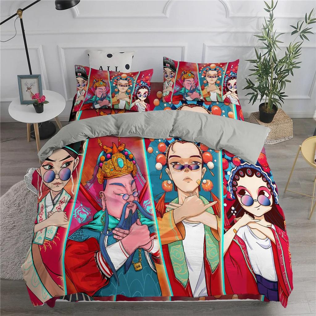 Cartoon Peking Opera Bedding Set Boys Girls Twin Queen Size Duvet Cover Pillowcase Bed Kids Adult Fashion Home Textileextile