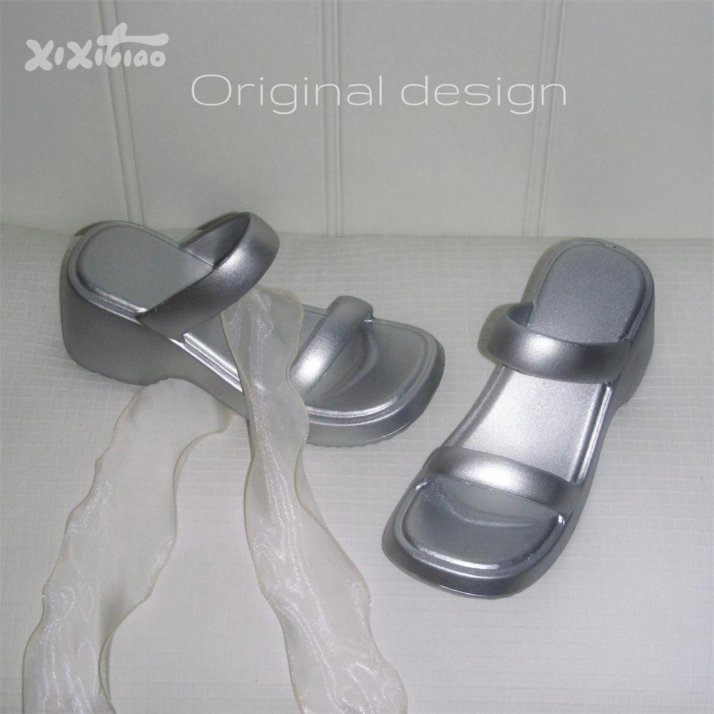 Fashion Shoes Woman 2025 House Slippers Platform Luxury Slides Heeled Mules Silver Designer High Flat Shoes Woman 2025 Slippers Flat Pla