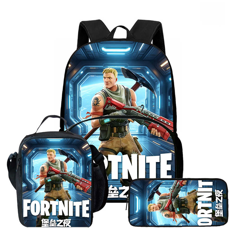 3Pcs Set School Backpack With Front Pocket & Lunch Bag & Pencil Bag,Fortnite Cartoon For Age 6-10,Lightweight For Boys & Girls