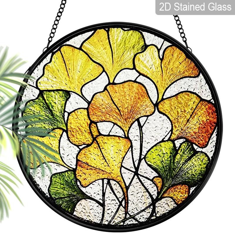2D Flat Stained Glass Ginkgo Leaf Window Decoration, Autumn Yellow & Green Design Colored Glass Plate with Chain, Charming Sun Catcher Home Garden