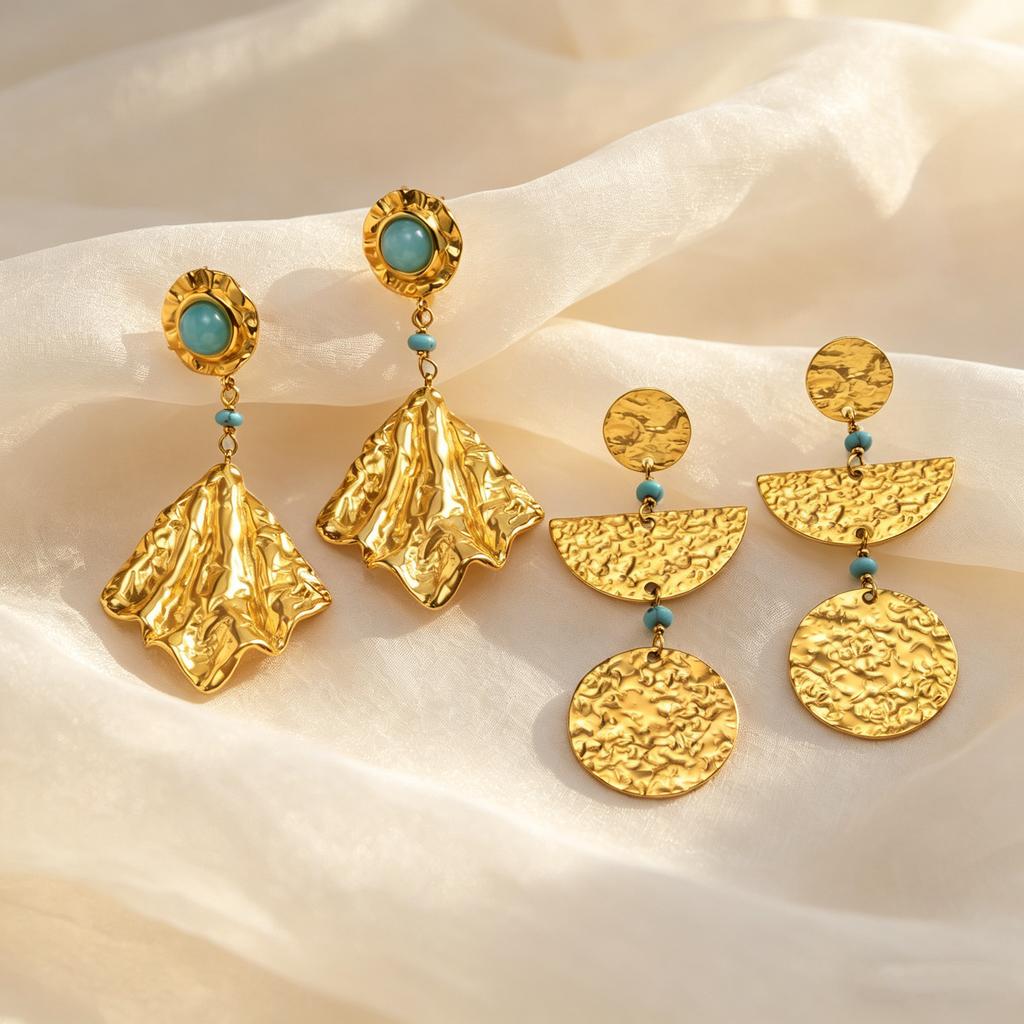 Exquisite Stainless Steel Pleated Texture Geometric Large Dangle Earrings for Women, Gold Plated Delicate Vintage Jewelry