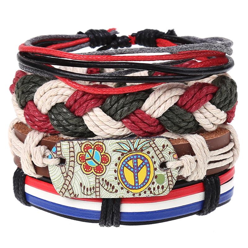Retro Woven Cowhide Leather Men's Bracelet Set - European & American Handmade DIY Knot