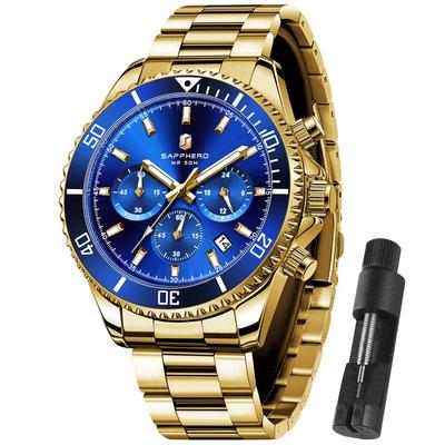 Men's Analog Wristwatch 14 ATM Waterproof Luminous Stainless Steel Chronograph Date Gold Band Blue Dial