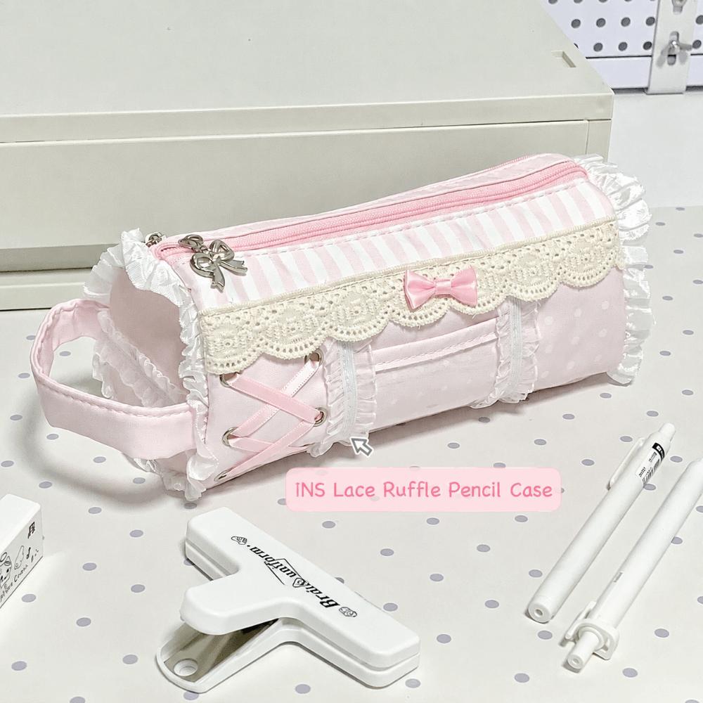 Multi-Layer Pencil Case Sweet Lace Ruffle Stationery Storage Bag Stationery Pouch Gift розовый