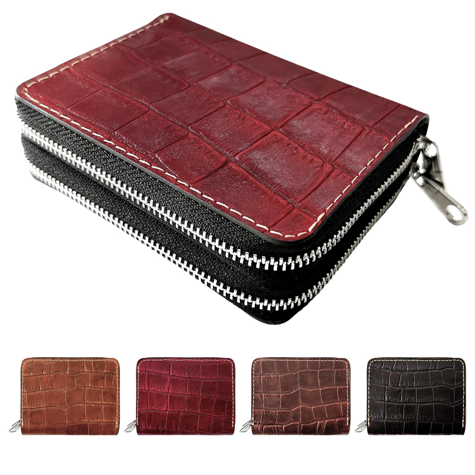 

Кошелек из натуральной кожи Leo&Aoi с двойной молнией, круглым замком-молнией, дизайном в стиле аккордеона, отделениями для карт, отделением для купюр, монетницей, для мужчин и женщин,