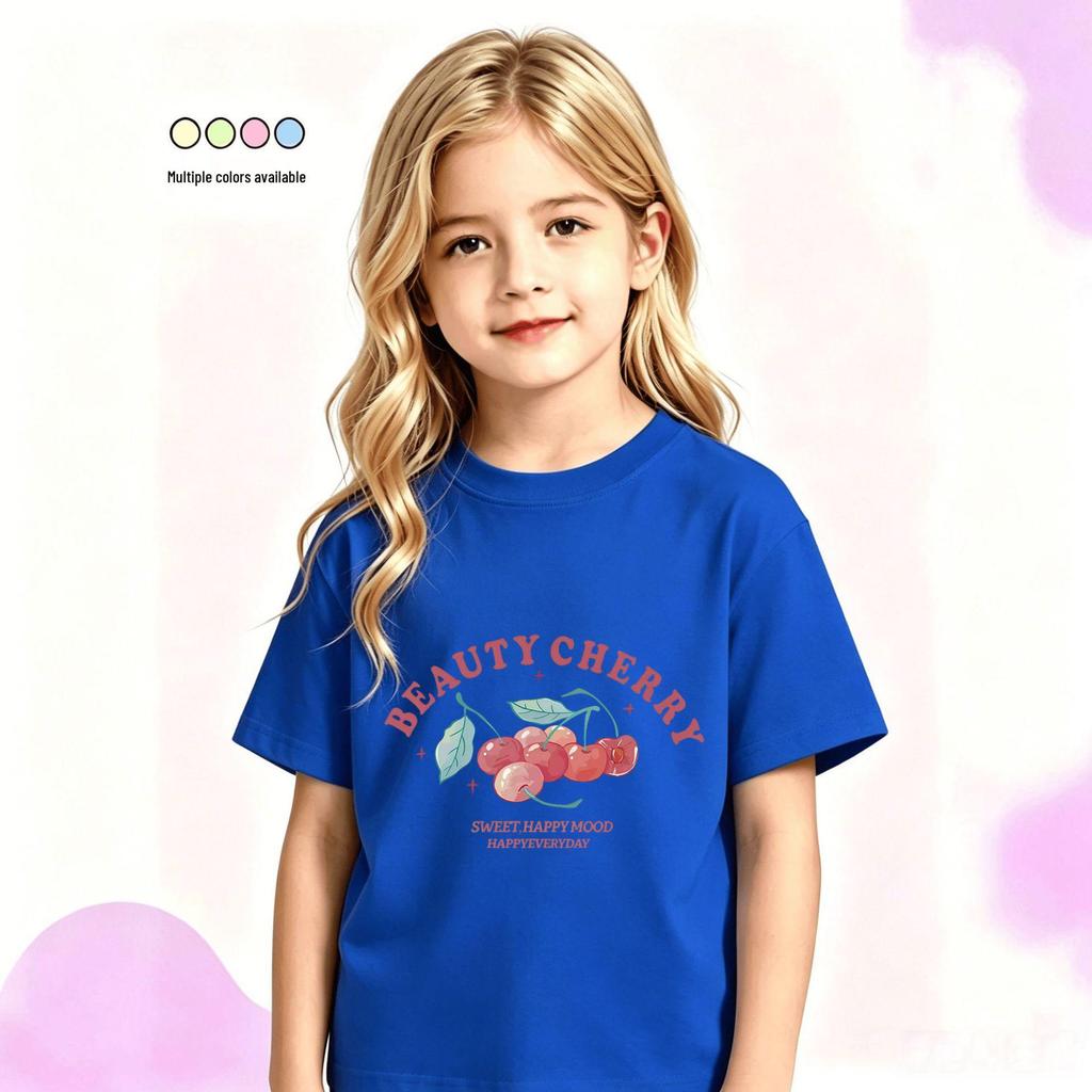 Cherry Print Short Sleeve T-shirt for Boys & Girls - Summer Round Neck Top