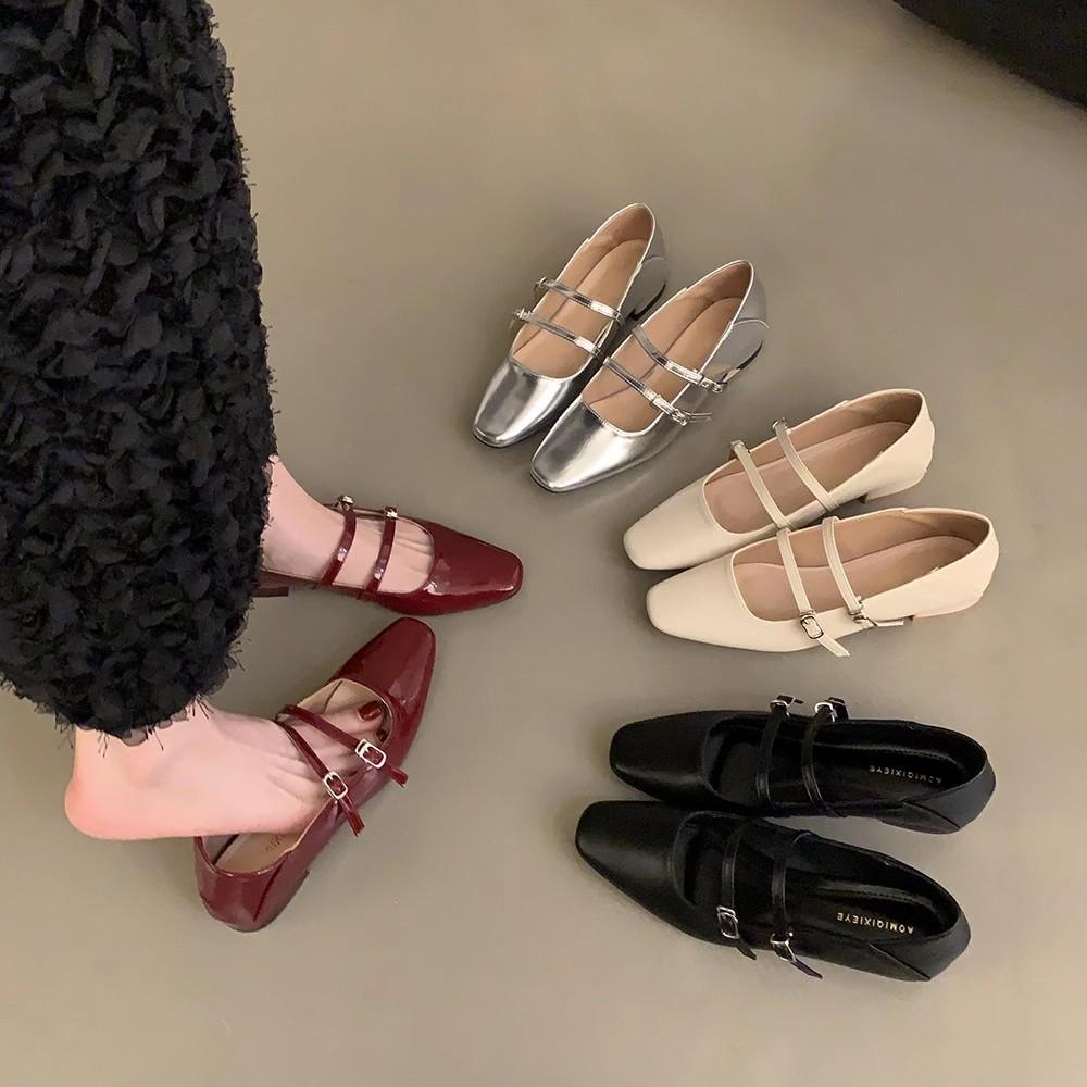 Korean version of the design sense, light mouth single shoes, small leather shoes, thick heel women's shoes, summer new French retro silver Mary Jane
