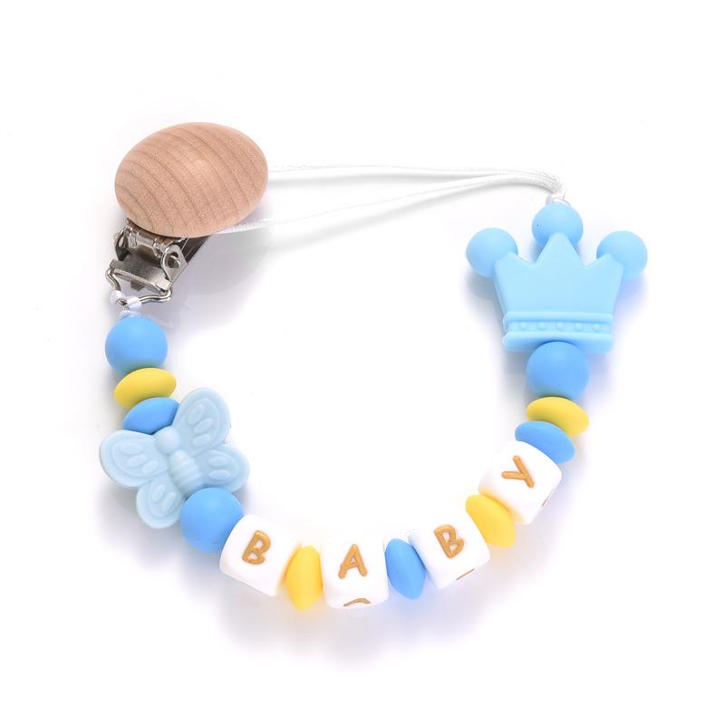 Round Wood Baby Dummy Holder Clip Crown Butterfly Silicone Beaded Teether Custom English Letter Name Pacifier Chain Nursing Toy