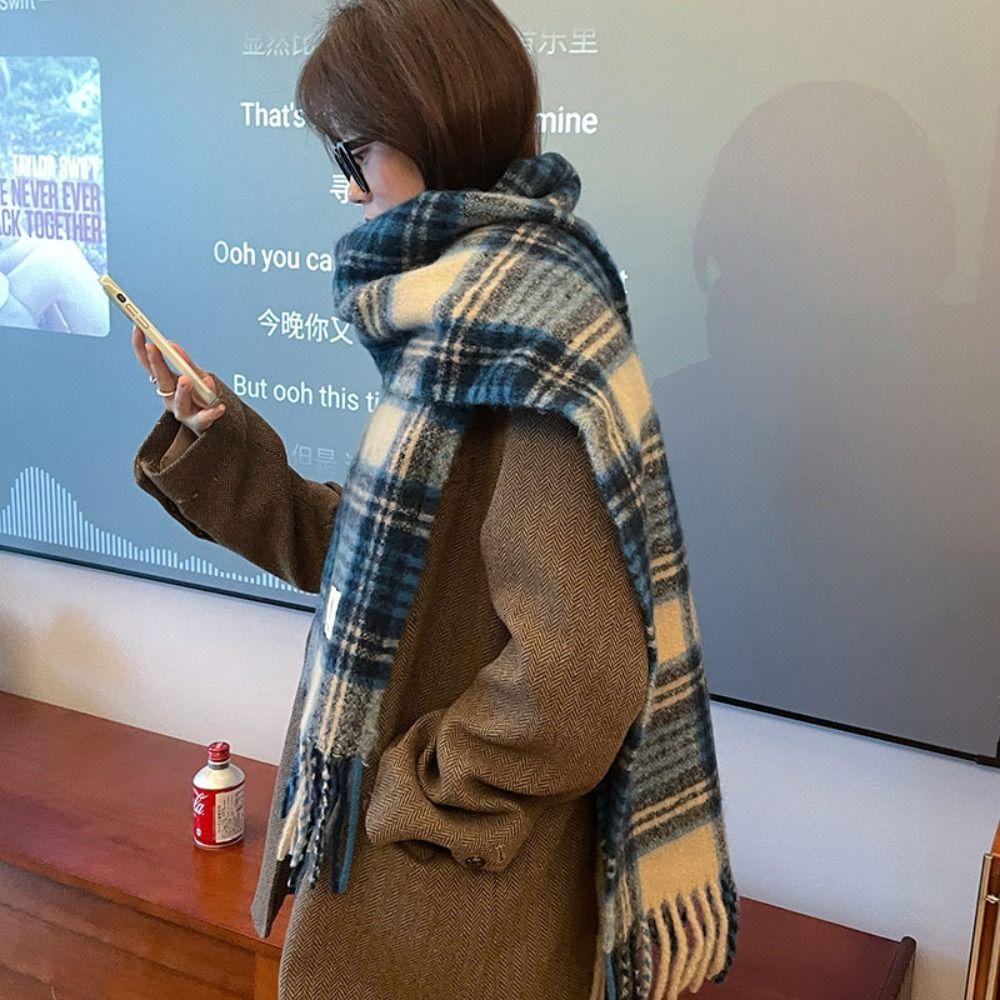 Tassel Mint Chocolate Color Plaid Scarf Plush Cape Wraps Elegant Long Shawl  Girl