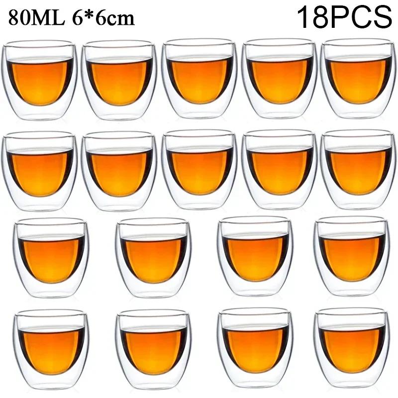 80ML/150ML 2-18PCS Double Wall Glass Kung Fu Tea Cup Transparent Coffee Milk Water Mug High Borosilicate Glass Drinkware Tea Set